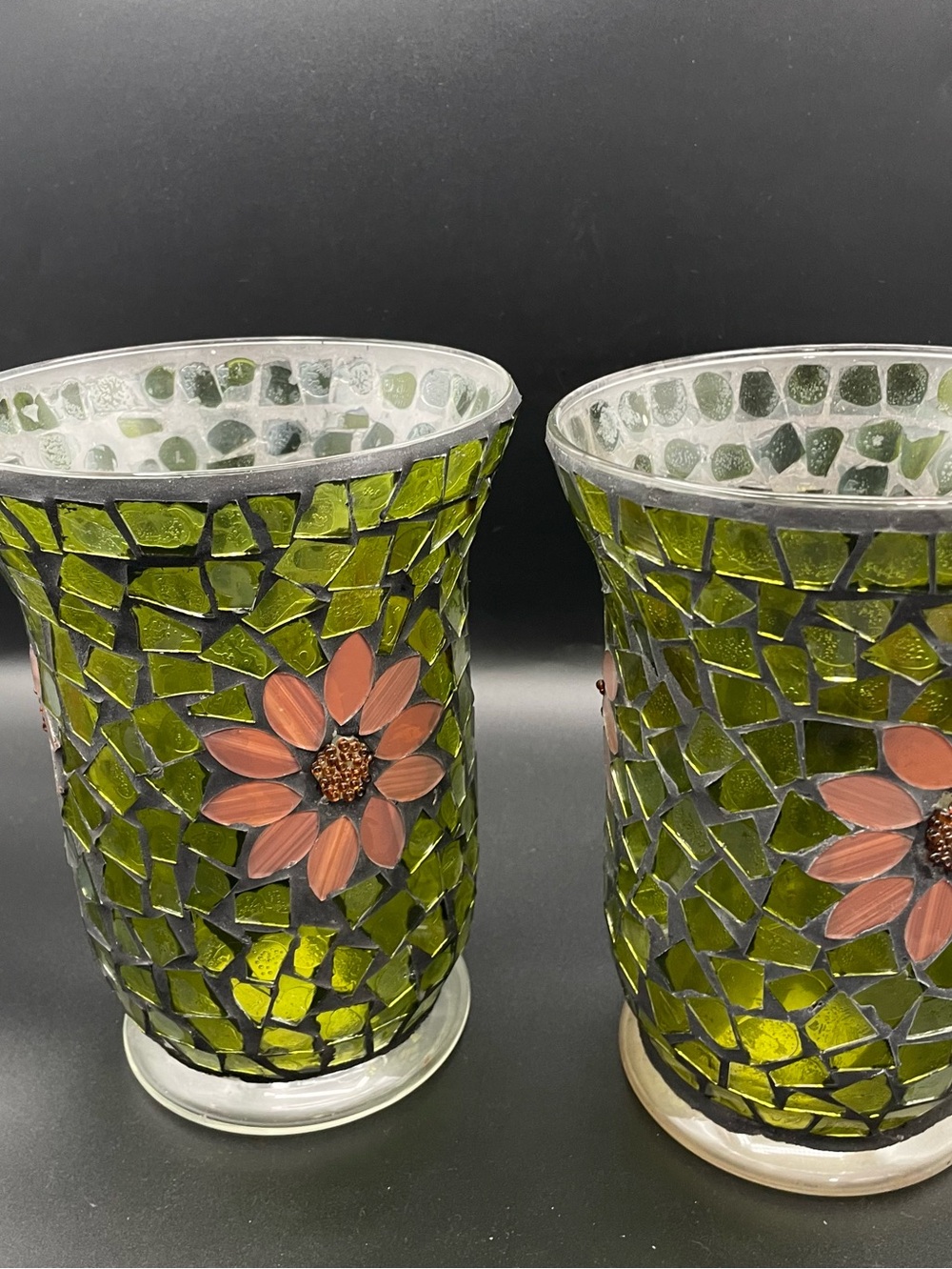 Mosaic Candle Holders w/ Flowers Boho, Hippy Stained Glass, Tea lights Set of 2